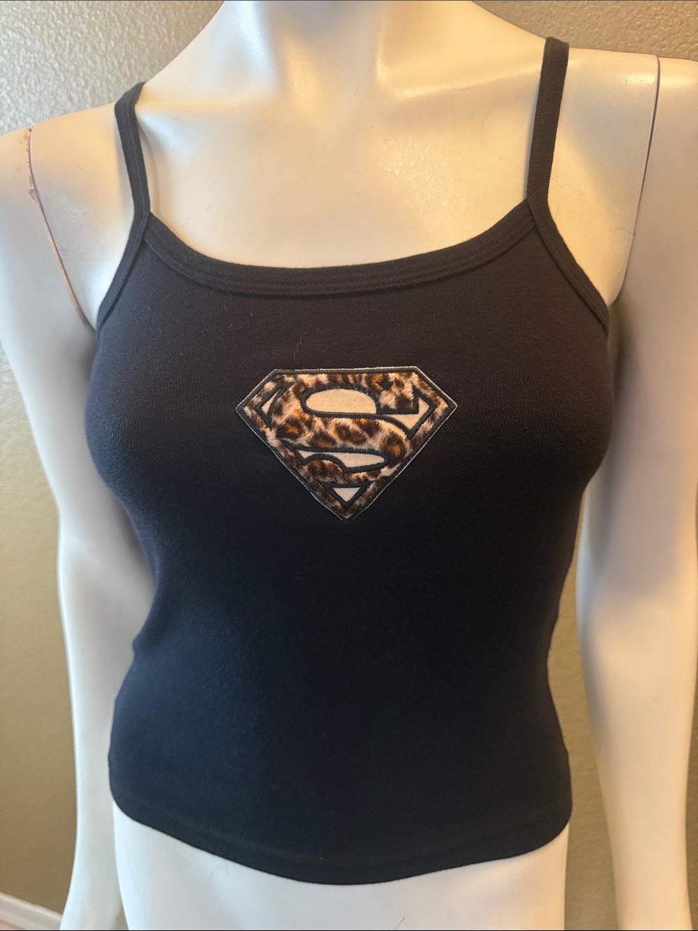 Y2K Vintage Black Women's Leopard Print Superman Patch Camisole Tank Top